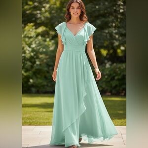 Mint Green Chiffon Maxi Dress –‎ Lace-Up Corset Back | Formal Gown Size L